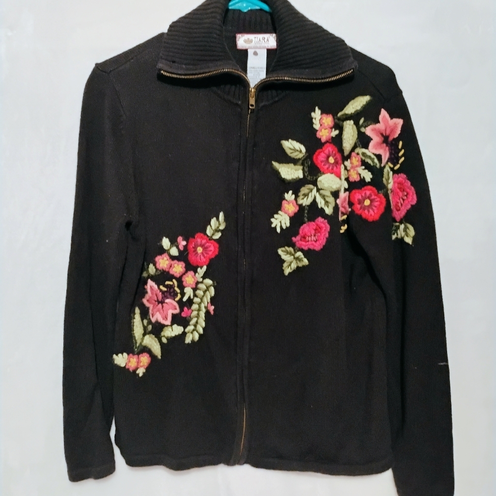Vtg Tiara Int. Full Zip Jacket Cardigan Sweater Floral Grandma Core Sz Small C